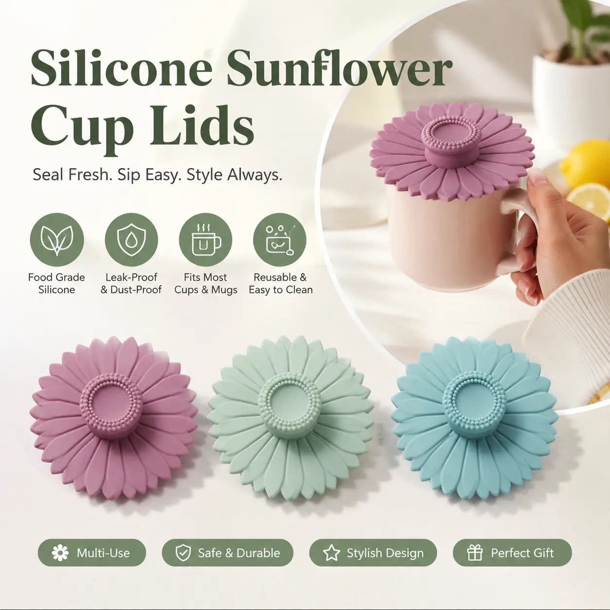 Sunflower Design Silicone Cup & Mug Lids, 3-Piece Set, Dustproof, Leak-Proof & Reusable Drinkware Covers for Tea & Coffee Cups, Durable Kitchen Accessories - MM2