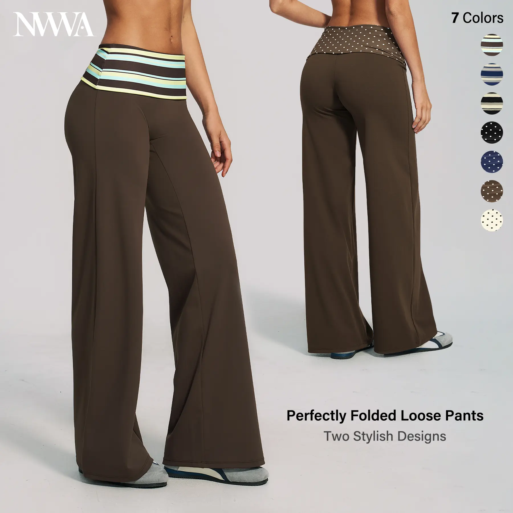 Women's Yoga Pants High Waisted Fold Over Waistband Wide Leg Trousers Striped or Polka Dot Print Solid Color Bootcut Flare Casual Athletic Workout Loungewear Stretchy Comfy Sweatpants Activewear