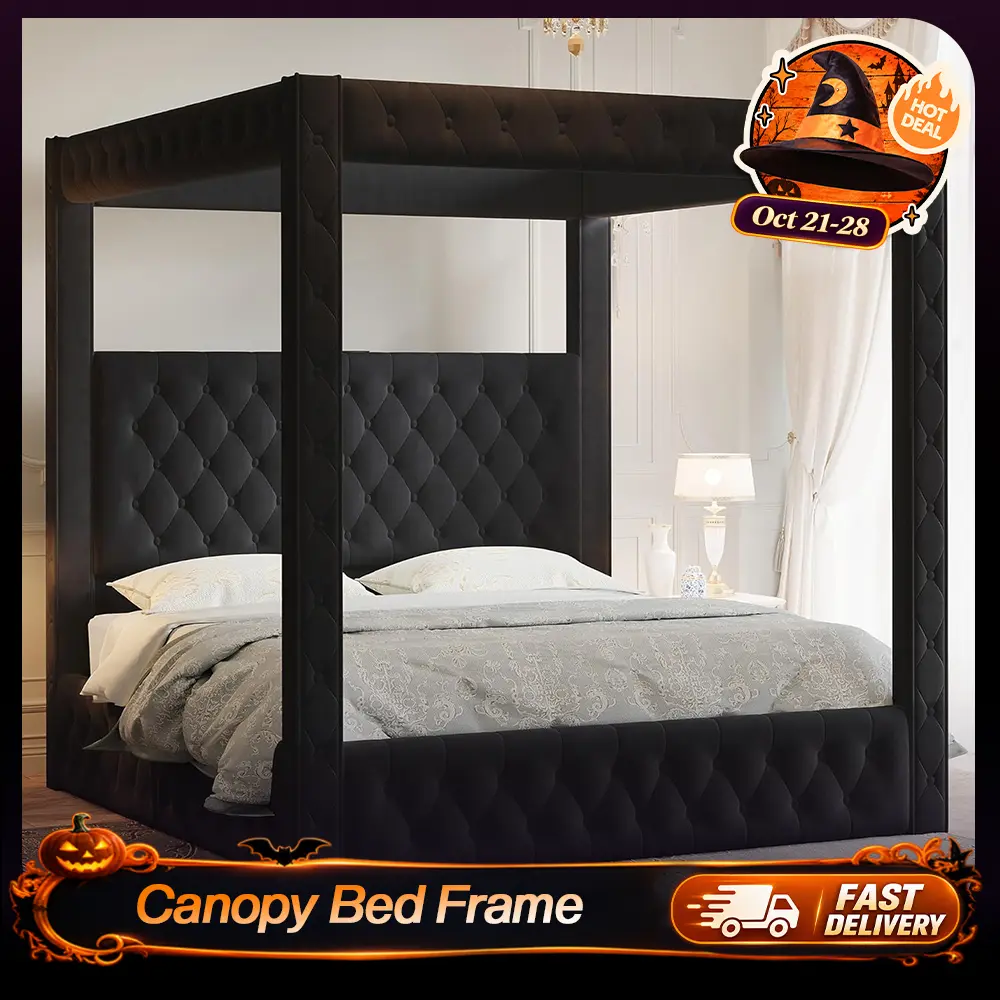 VanAcc Canopy Bed Frame with 74.8" Tall Four-Post Design and 51.2" Deep-Tufted Velvet Upholstered Headboard with Charging Station/Modern Light-Luxury Style/No Box Spring Needed  #TikTokShopBlackFriday #TikTokShopBlackFriday #Chrismas decor