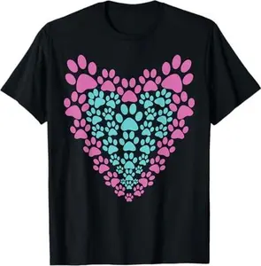 Paw Print Heart Animal Lover Graphic Cat or Dog Pink Teal T-Shirt