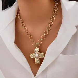LuckyJewelry B Chunky Cross Necklace for Women Statement Chunky Gold Necklace Pearl Cross Pendant Necklaces Layered Vintage Toggle Clasp Necklaces Jewelry
