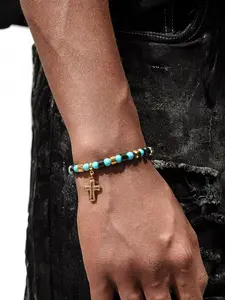 Boho Style Turquoise Beaded Cross Charm Decor Bracelet, Fashionable Jewelry for Women & Men, Trendy All-match & Exquisite Jewelry for Birthday Gift