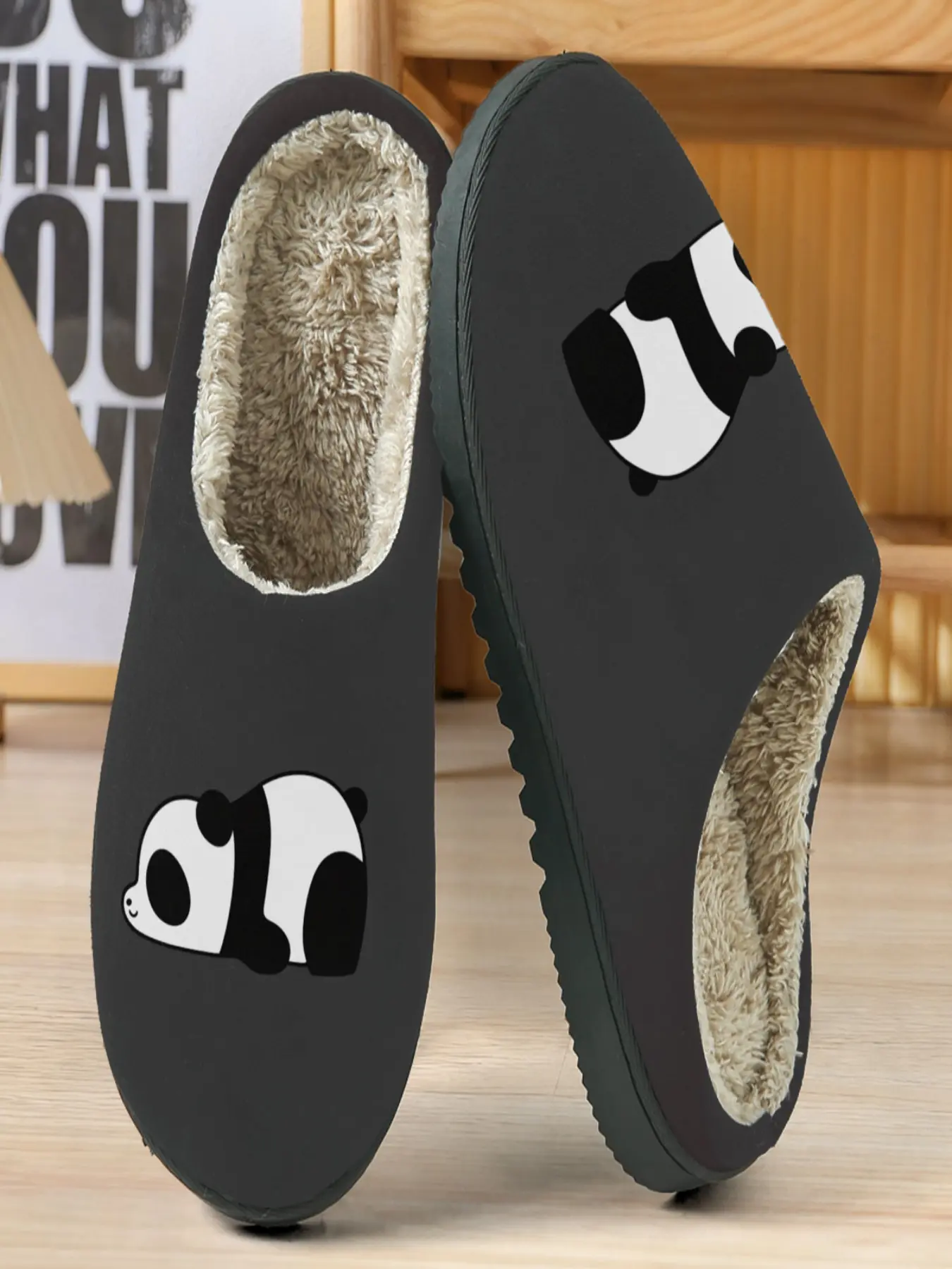 Minimalist Panda Cotton Slippers, Deep Base with Cartoon Panda Pattern, Plush Lining, Casual Home Wear