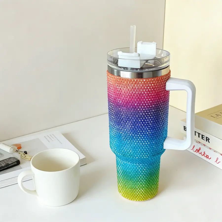 40oz Gradient Rhinestone Stainless Steel Leakproof Insulated Tumbler - Silicone Lid, Portable Water Bottle Flask with Car-Cup Holder Fit for Office Daily Hydration or Thoughtful Gift