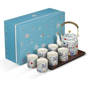 Chinese Tea Set for 6, Teapot with 6 Auspicious Style Tea Service Gift Box for Décor