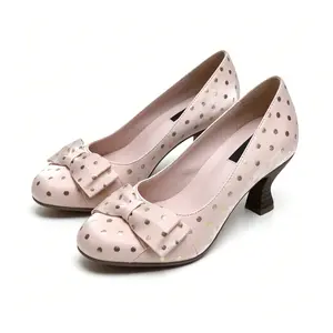 Women's Classy Pink Satin Polka Dot Kitten Heel Pumps - Elegant Stylish Footwear with Gold Dot Bow Decor for Weddings, Parties