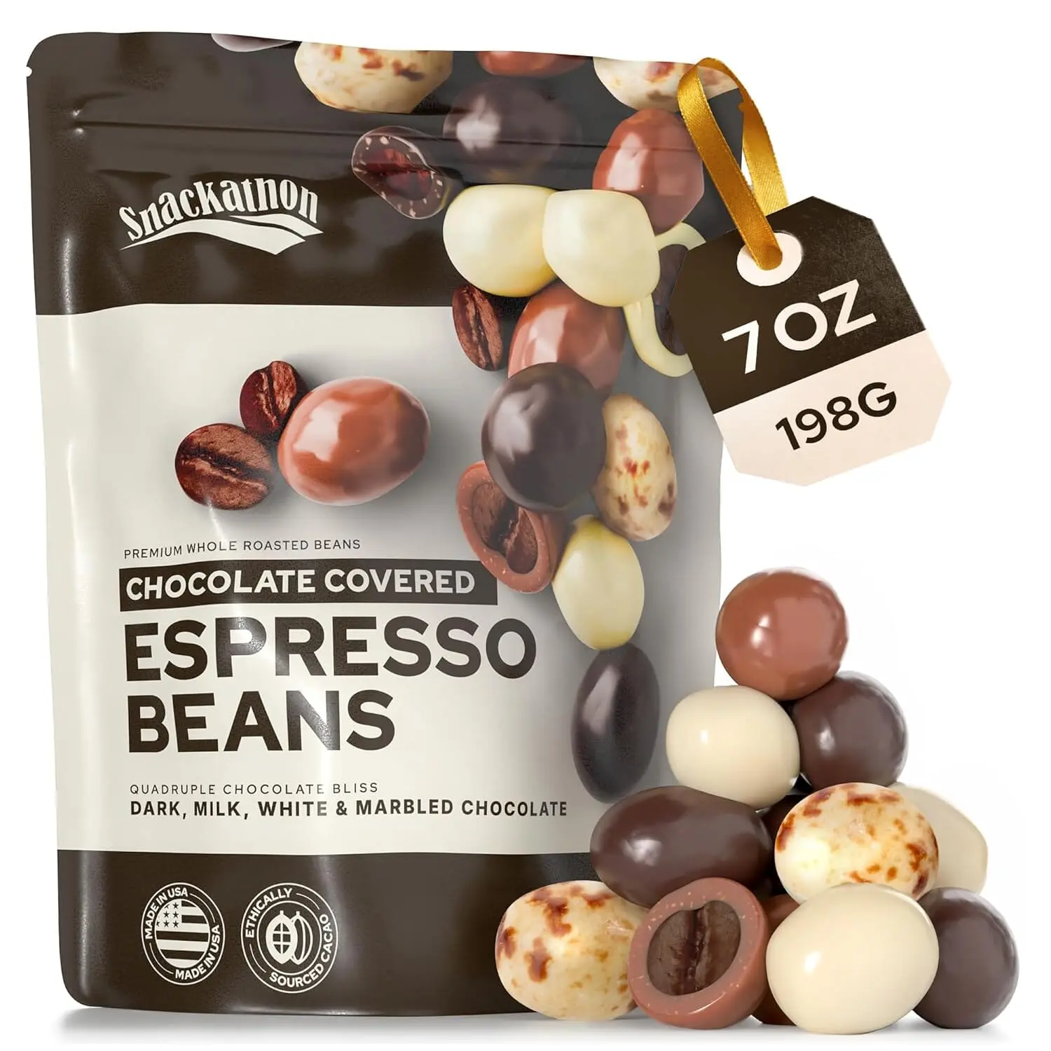 Snackathon Chocolate Covered Espresso Beans, 4 Chocolate Blend (Dark, Milk, White, Marbled), Bulk 7 OZ Resealable Bag Bag, Gourmet Candy Snack for Coffee Lovers
