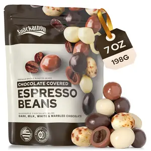 Snackathon Chocolate Covered Espresso Beans,  4 Chocolate Blend, 7 Ounce Pouch