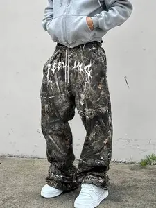 Men's Y2K Baggy Realtree Camo Pants Streetwear Oversized Wide Leg Cargo Sweatpants with Lightning Gothic Print Hip Hop Grunge Trousers for Daily Street Look