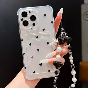 Heart Card Holder Anti-Drop Shockproof Phone Case with Fashion Lanyard and Protection, Compatible with iPhone 17/16/11 12 13 14 15 Pro Plus Max XR Accessories