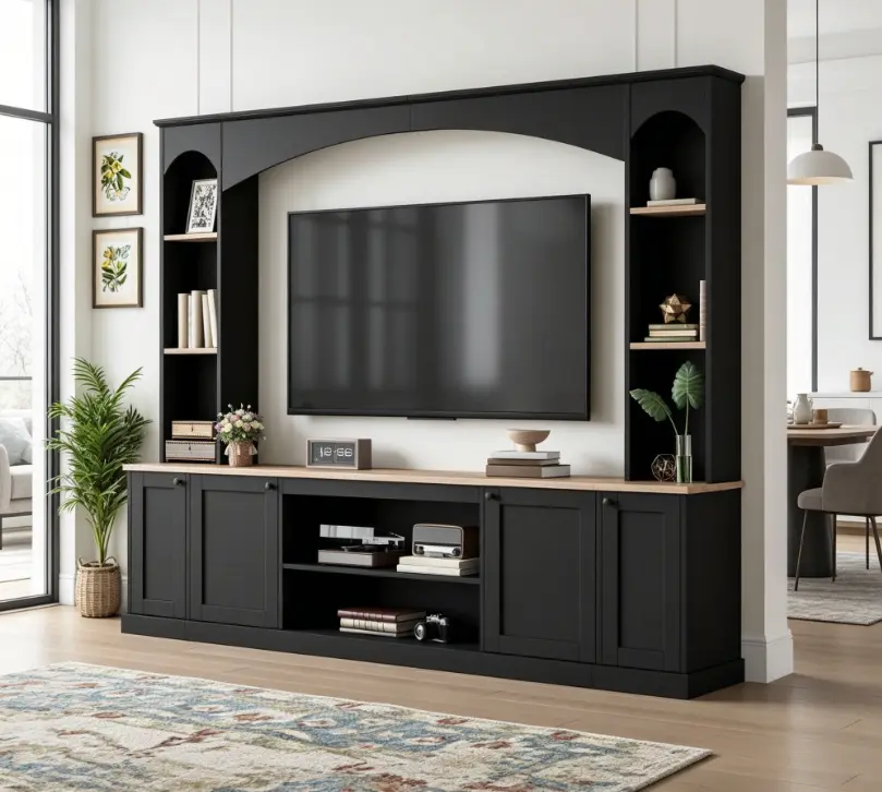 Composite Wood TV Stand & Wall Bracket Entertainment Unit Set with Bridge - 75-in TV Compatible, Ample Storage, Adjustable Shelves, Modern Large Living Room Media Console Decor, Composite Wood Tv Stands & Wall Brackets