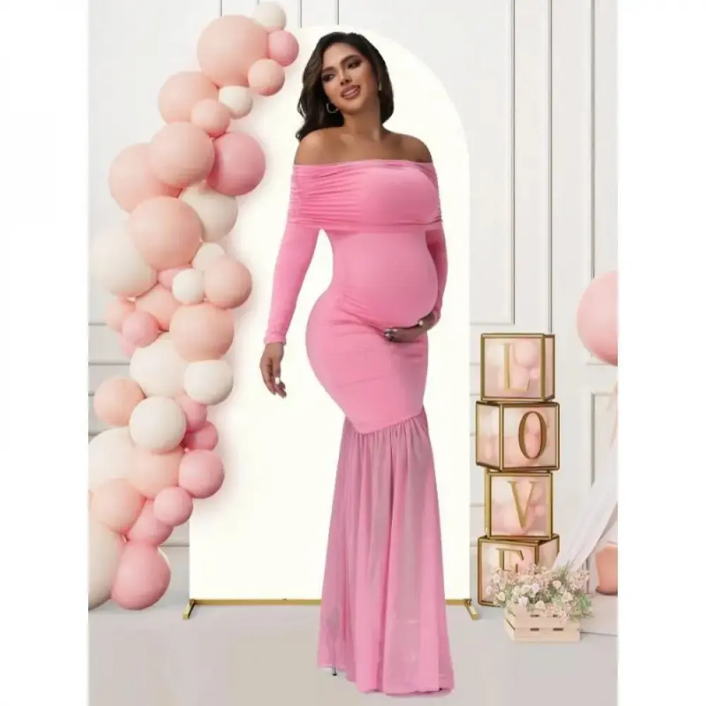 Women's 2026 Maternity Off-Shoulder Long Sleeve Dress - Stretchy Slim-Fit Mermaid Style with Mesh Patchwork, Side Slit, Solid Color, Compatible with Raincoat - Maternity Dresses for Baby Showers, Photoshoots, Baby Shower Dress