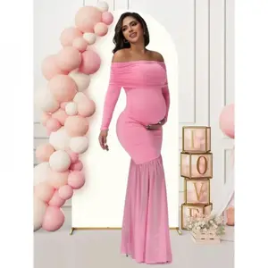Women's 2026 Maternity Off-Shoulder Long Sleeve Dress - Stretchy Slim-Fit Mermaid Style with Mesh Patchwork, Side Slit, Solid Color, Compatible with Raincoat - Maternity Dresses for Baby Showers, Photoshoots, Baby Shower Dress