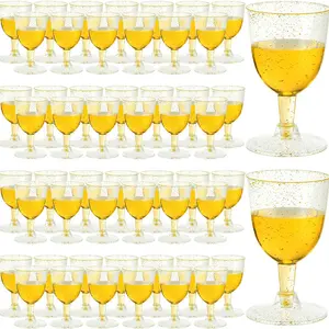 50 Pcs 5oz / 150ml Plastic Wine Glasses, Gold Glitter Champagne Goblets Cocktail Cups for Weddings Birthday Bridal Shower Halloween Thanksgiving Christmas Party Outdoor Gatherings
