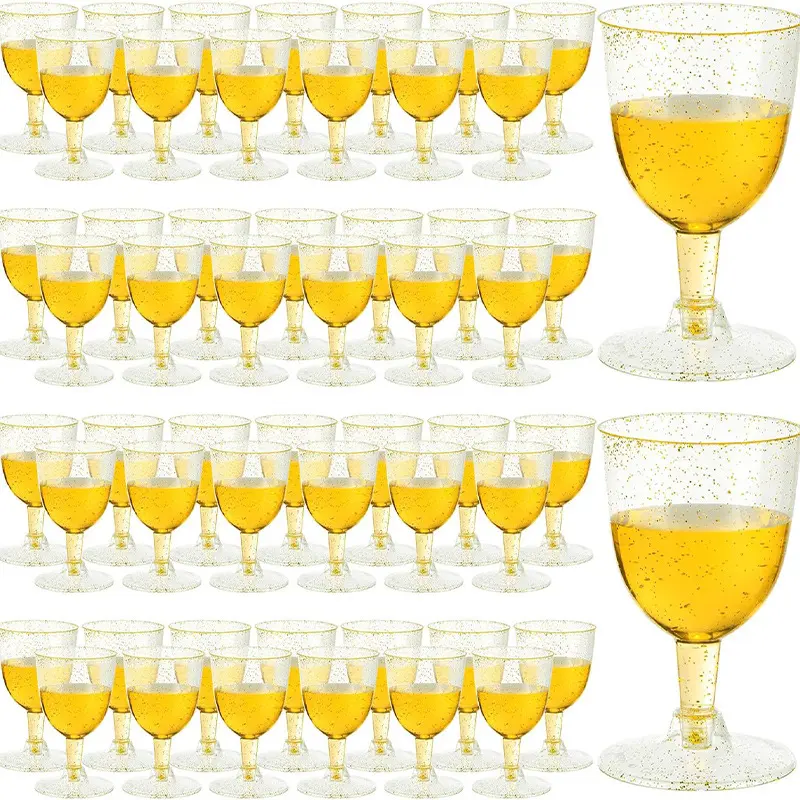 Disposable Wine Cups - 50-Pack 5oz/150ml Sturdy Stackable Waterproof Bulk Plastic Cups, Gold Glitter Party Supplies for Weddings, Kitchenware Drinkware, Baby Shower Use