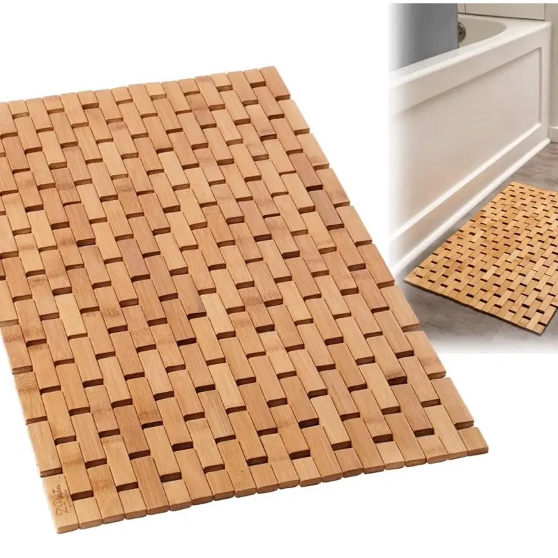 Bamboo Bath Mat - Foldable, 34x18 Inch Wood Bathmat for Bathroom Sauna Spa Door Kitchen Floor and Countertops - Modern Farmhouse Decor Accessory