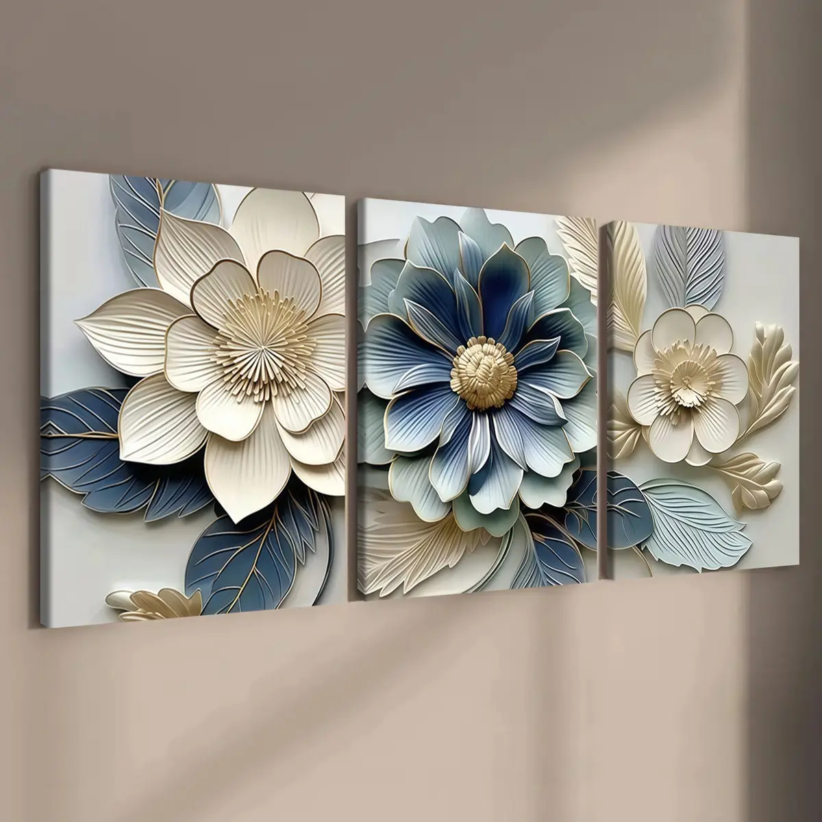 3-count wooden frame canvas, embossed floral decorative poster, light luxury living room and entrance hall decorative poster, family poster, modern wall art, Aesthetic wall decor, Canvas Prints, Modern home decoration, Decoration Items