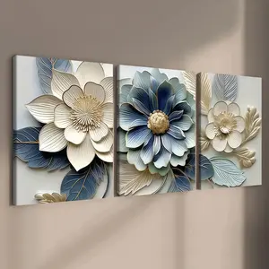 3-count wooden frame canvas, embossed floral three-piece decorative poster, light luxury atmosphere living room and entrance hall decorative poster, perfect living room and bedroom decoration, fashionable family poster, modern wall art, Canvas Prints