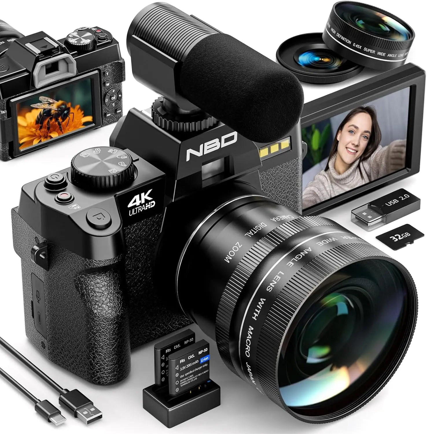 NBD S100 Digital Camera 48MP 4K 180° Flip Screen 16X Digital Zoom 2 Batteries Easy Setup Auto Focus for Beginners PC Camera Enthusiasts Black Pink digital cameras Wireless Compact, Vlogging Camera For YouTube,father'sdaygifts