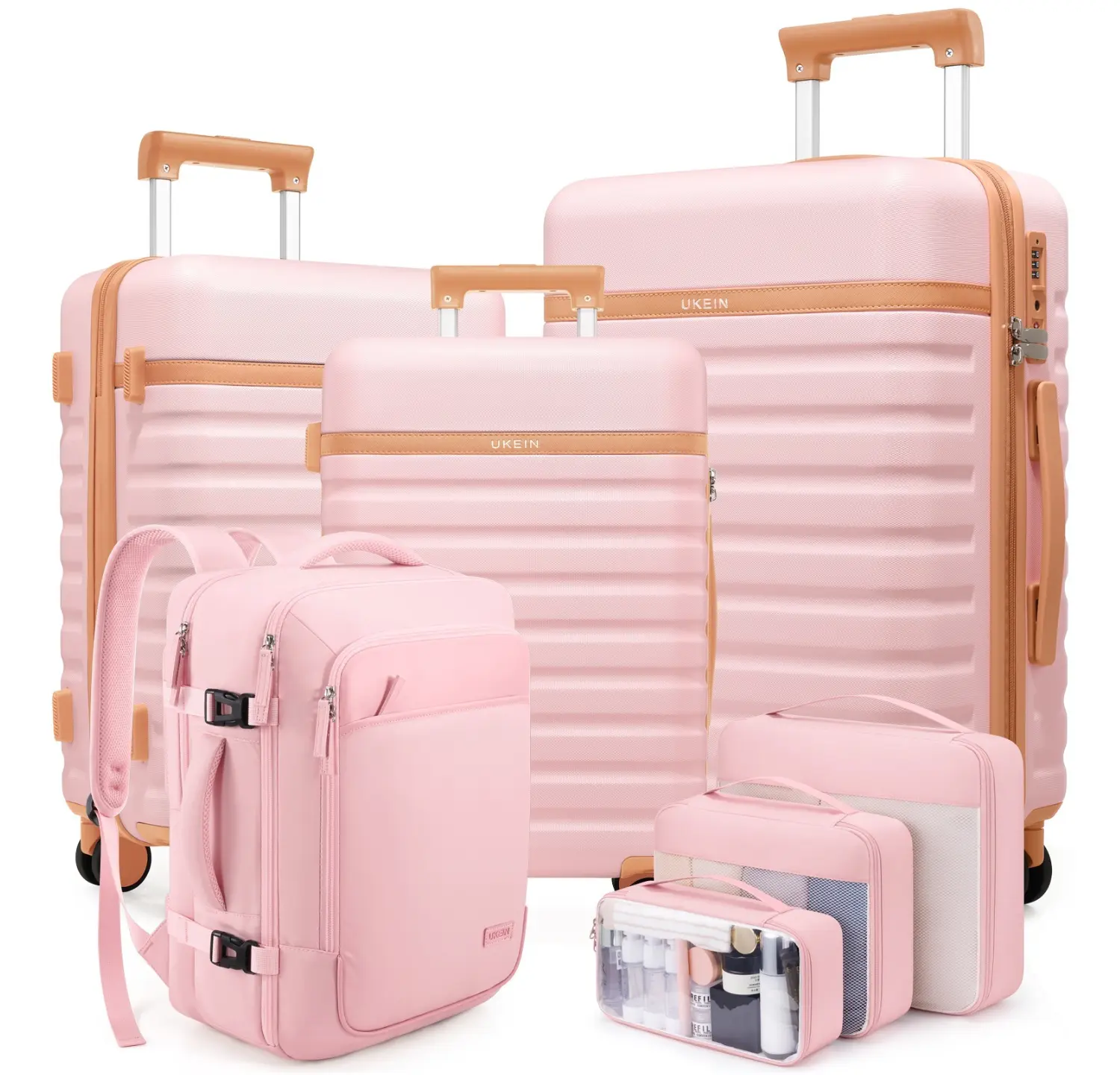 UKEIN 7-Piece Hardside Luggage Set, Durable ABS Suitcases (20/24/28 in) with 360-Degree Spinner Wheels, Anti-Theft TSA Lock, Backpack & Organizer Cubes, Luggage Sets, 4 Wheels 360 Rotation