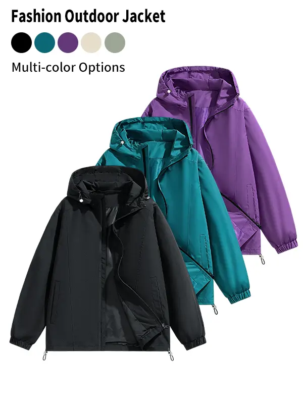 Men’s loose-fit hooded long-sleeve jacket — windproof, waterproof polyester solid-color outerwear with drawstring hem and zip closure, casual outdoor top suitable for everyday wear,sohochic