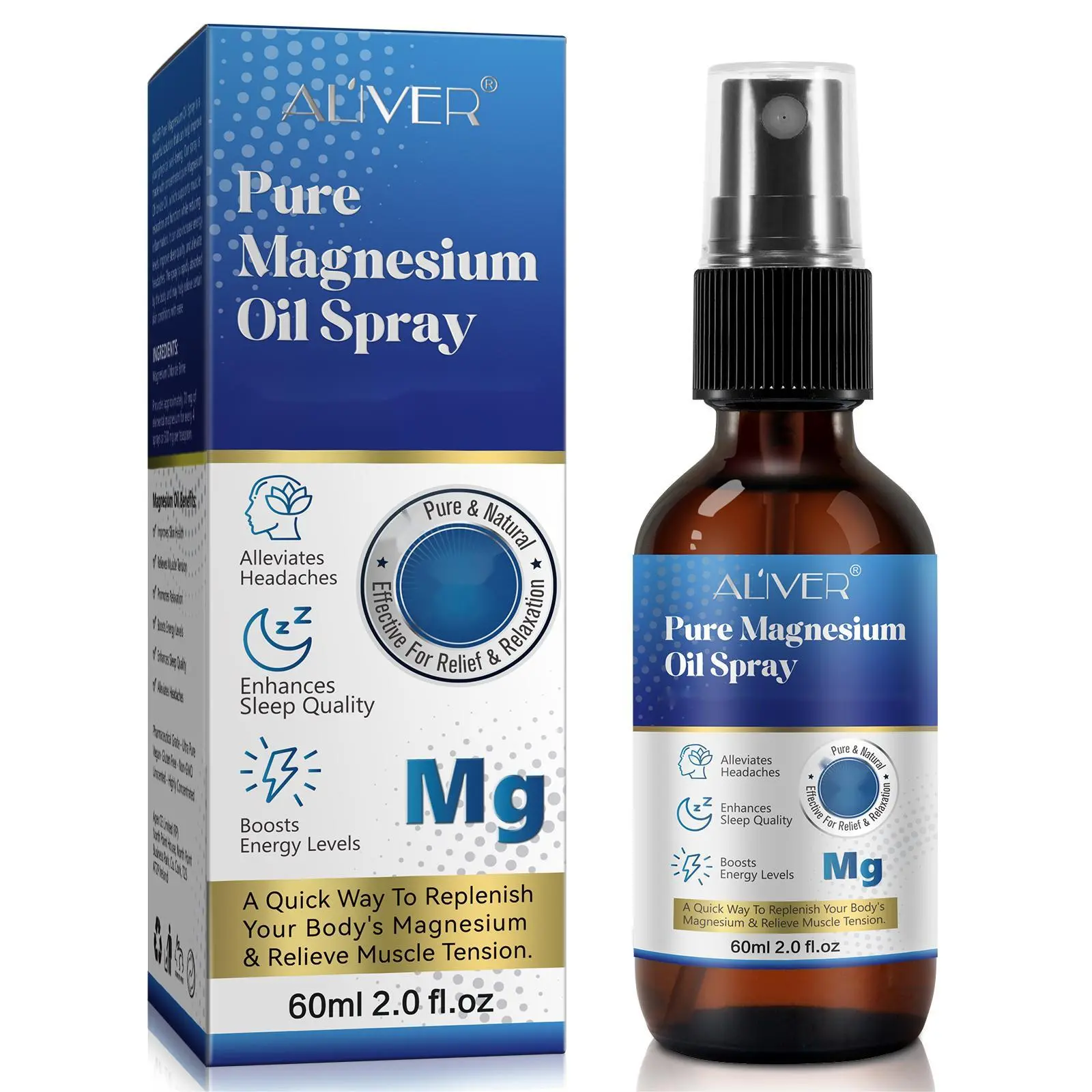2024 New Viral Aliver Pure Topical Magnesium Oil Spray - 60ml Glass Bottle Non-Toxic Cruelty-Free Body Oil for Adults, Pre-Bed Body & Massage Care Comfort