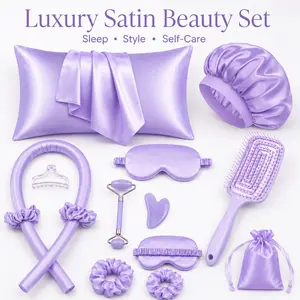 13PCS Luxury Satin Hair Care & Sleep Set for Women, Heatless Curling Rod Kit with Silk Pillowcase, Satin Bonnet, Sleep Mask, Detangling Brush & Beauty Accessories for Frizz-Free Overnight Curls & Self Care