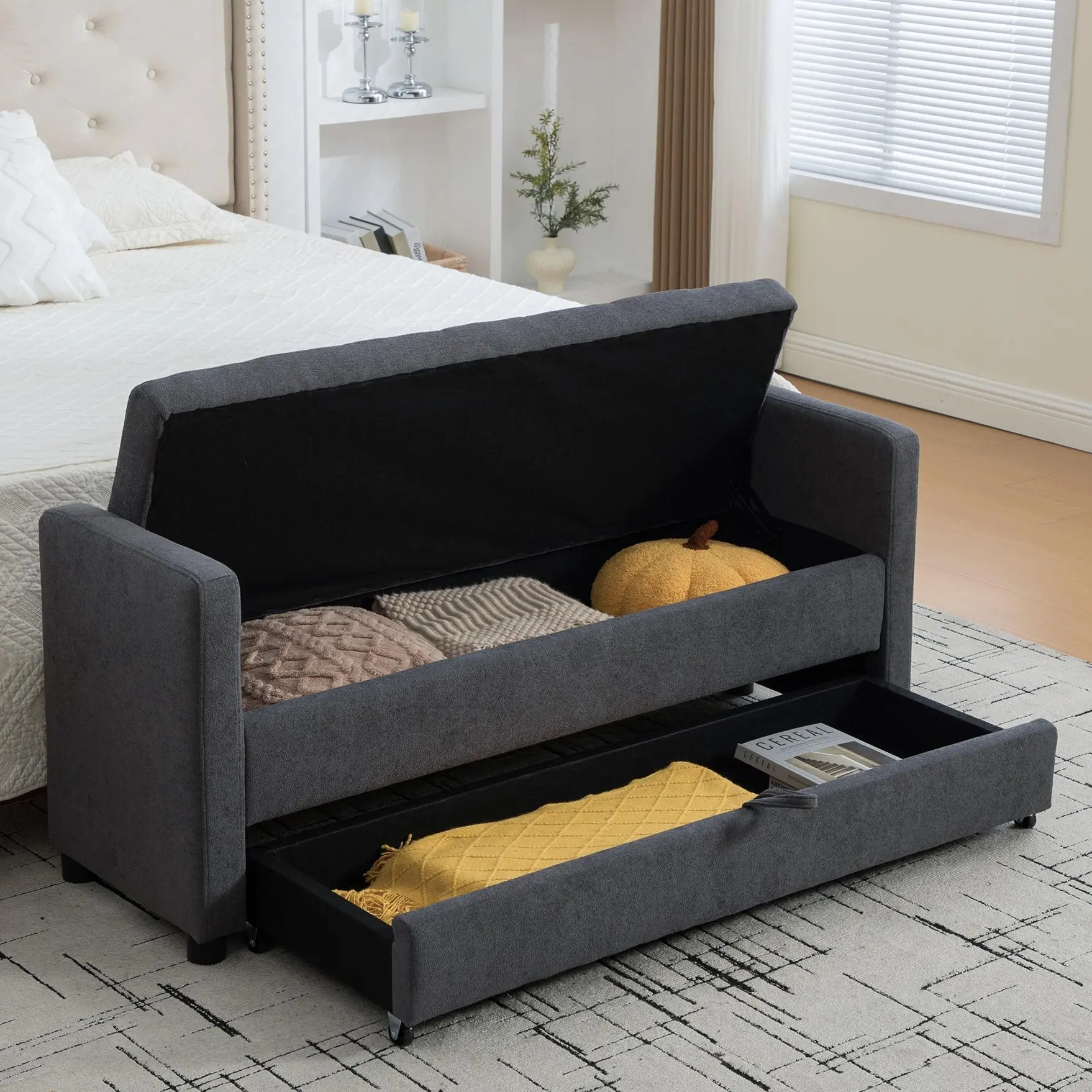 Eyisean 58.3" Polyester Modern Comfy Upholstered Storage Bench, Space-Saving End of Bed Benches with Trundle Drawer, Durable Solid Wood Bedroom Ottoman Long Bench for Entryway, Living Room, Apartment