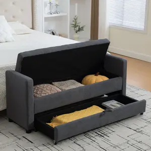 Eyisean 58.3" Polyester Modern Comfy Upholstered Storage Bench, Space-Saving End of Bed Benches with Trundle Drawer, Durable Solid Wood Bedroom Ottoman Long Bench for Entryway, Living Room, Apartment