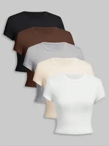 Women's 5 Counts Solid Round Neck Essential Tee, Casual Short Sleeve Crew Neck T-shirt for Daily Wear, Ladies Clothes for All Seasons