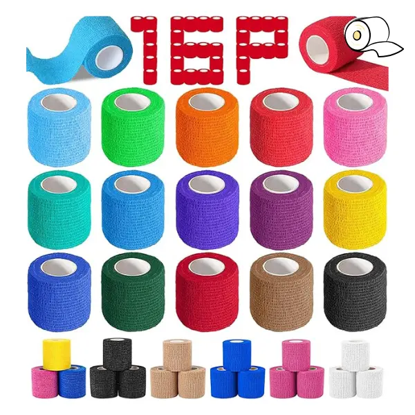 16 Pack Self-Adhesive Elastic Cohesive Bandage Wrap (2"x5yd) - First Aid Medical Supplies for Ankle, Hand & Wrist Braces, Compression, Elastic Pressure, Tattoo Aftercare Needs, Ankle Tape Hand & Wrist Braces, Compression Tape Hand & Wrist Braces