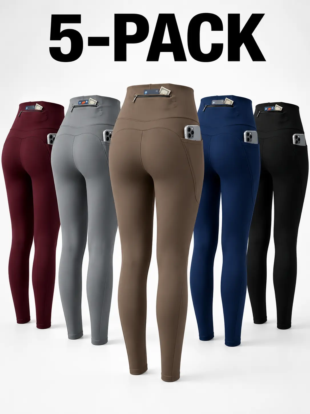 Women's 5-Pack High Waist Leggings with Zipper Pockets - Non-See-Through, Moisture-Wicking Athletic Bottoms for Casual, Outdoor, Running, Training, Clothes Products, Yoga, Flexible Fabric Women's Sports Leggings, Quick Dry