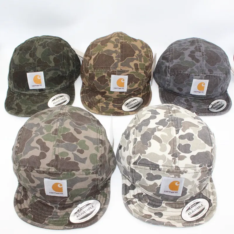 Vintage Camo 5‑Panel Camp Cap, Flat Brim Work‑Wear Baseball Cap, Outdoor Hip‑Hop Street Sun Hat for Men Women
