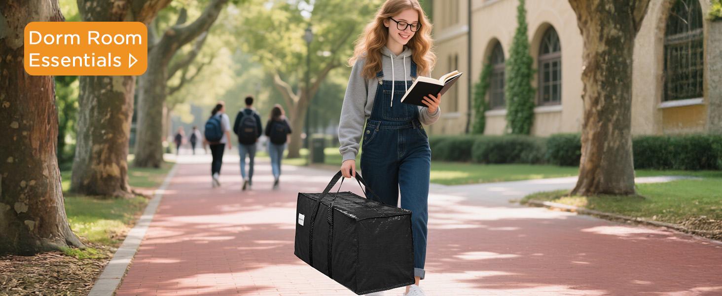 6 Pack Extra Heavy Duty Large Moving Bags with Strong Zipper & Comfortable Handles, Sturdy & Durable Clothes Storage Bags Totes Bins, Packing Moving Boxes for College Supplies, Black