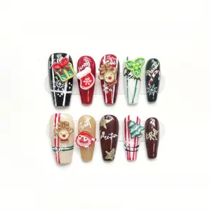 Glossy Nail Kit acrylic Set: Full Cover False Nail,Santa Claus, Snowflakes, Starlight Design, Easy To Apply Press-On for Reusable
