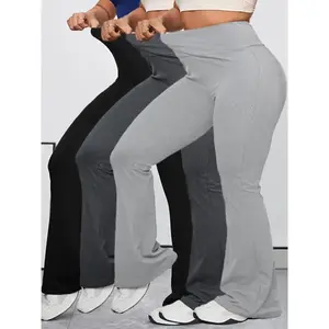 3pcs High Waist Plus Size Women's Sports Leggings, Flared Long Pants in Solid Color, Elasticity for Outdoor Leisure Running