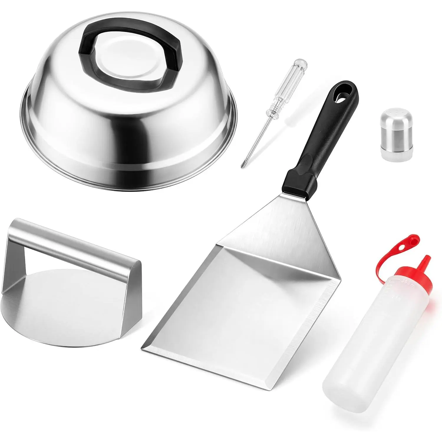 Sturdy 5-Piece Smash Burger Utensils Kit - 9" Basting Lid, Stainless Steel Turner, Bacon Press, Squeeze Bottle, Flat Top Grill Hibachi BBQ Grill Accessories for Cheese Melting, Heavy-Duty Cooking, Matte Finish