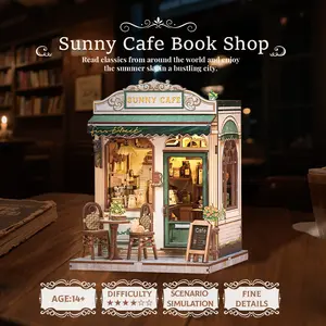 CUTEBEE DIY 3D Book Nook Kit Sunny Cafe – Miniature Wooden House with LED Light, Handmade Alley Bookshelf Decor for Adults | Holiday, Christmas and Black Friday Gift