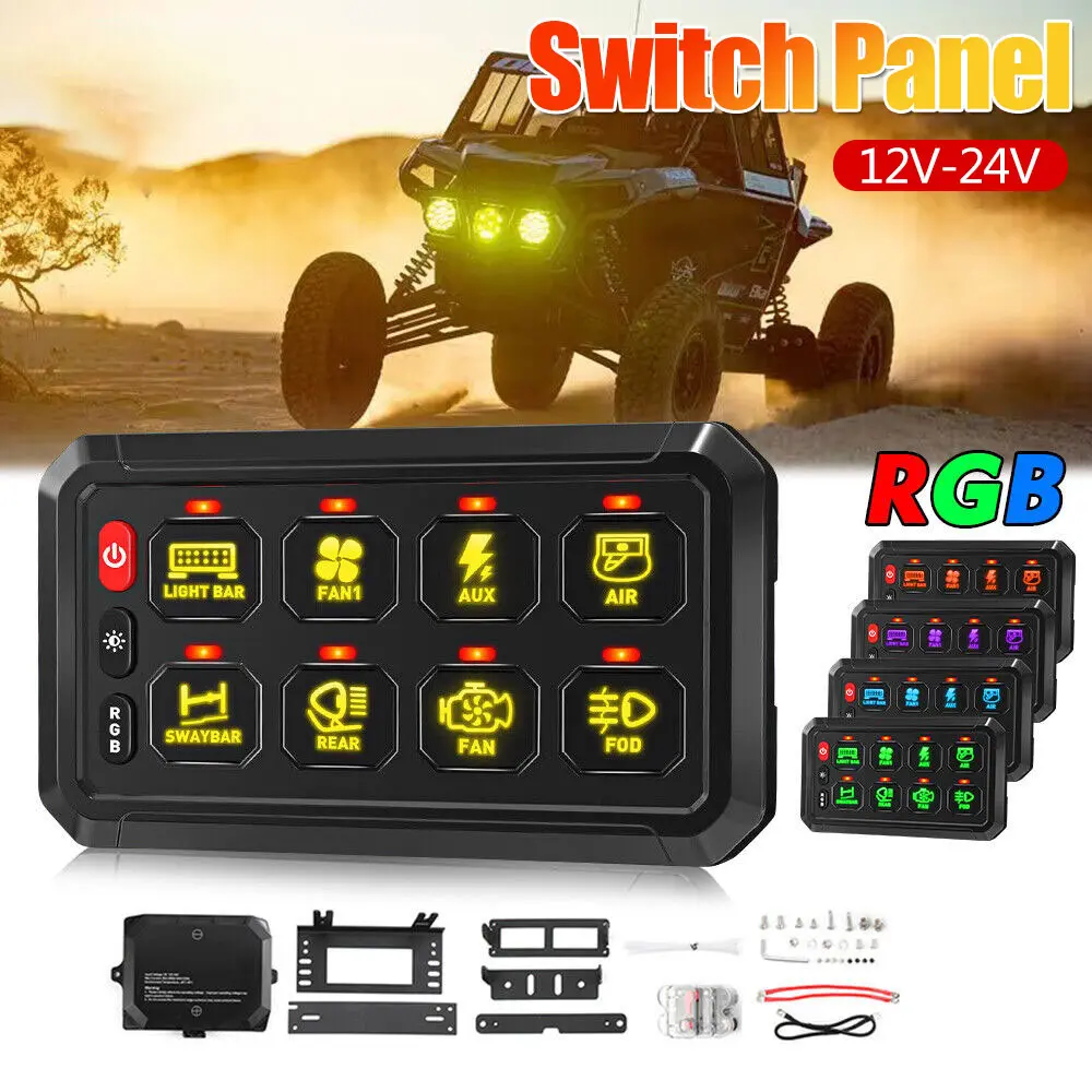 VASTFIRE Aluminum 8-Gang Push Button Switch Panel Kit, 60A 12V/24V Auto-Dimming IGBT Technology Waterproof Control System for ATV, Turbo Side by Side, Tractor, Race Car LED Lights