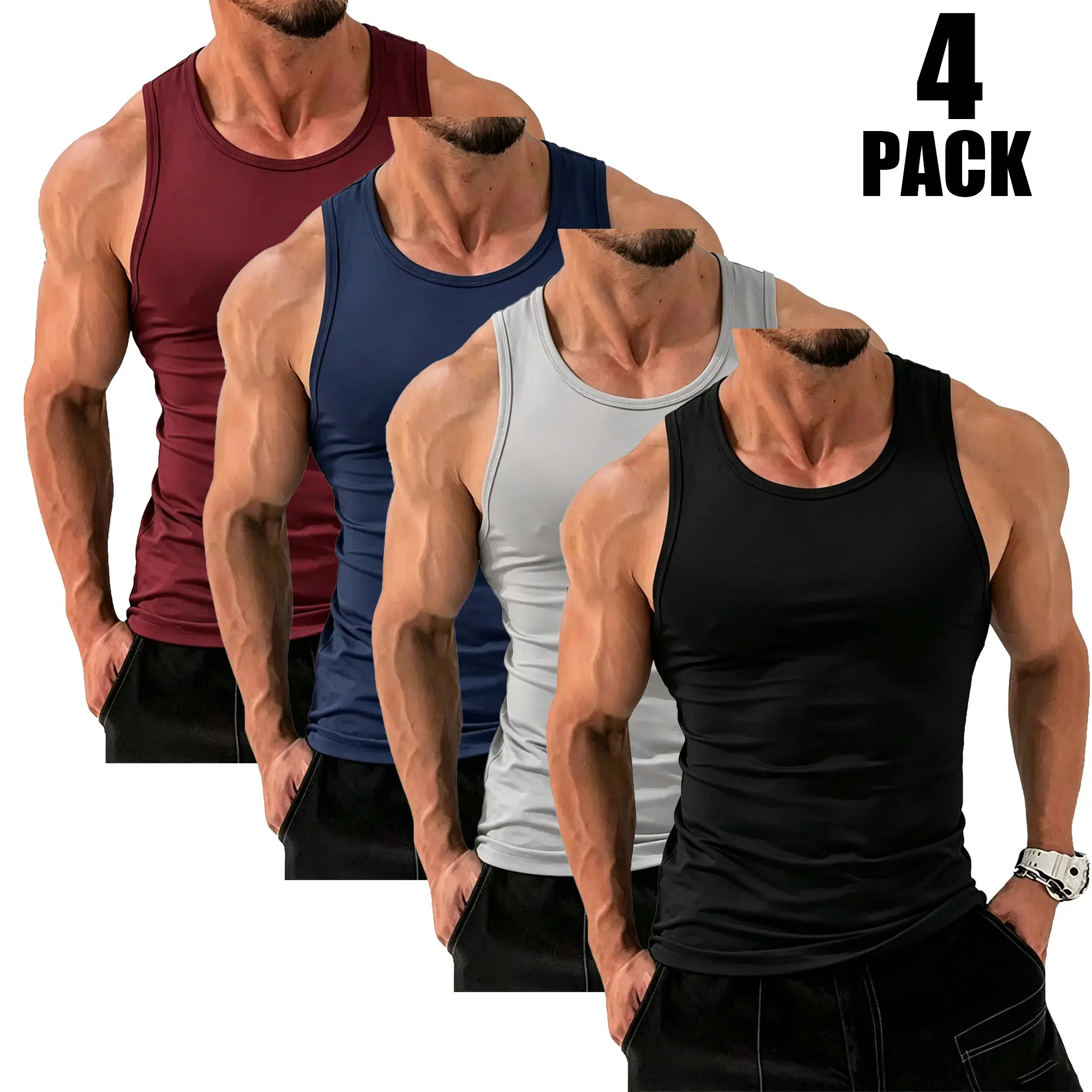 Men's 4-Pack Tight Compression Tank Tops - Male Polyester Blend Sleeveless Sports Wear, Scoop Neck Slim Fit Athletic Base Layer, Quick-Dry Muscle Training Workout Singlets for Back to School, Activewear Vests, Athletic Look, 4Pack Workout Set, Compression