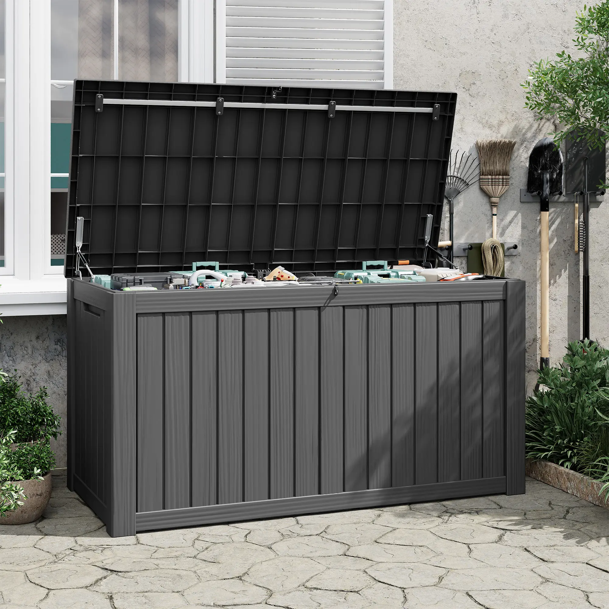 RIWENGO 100 Gal Resin Deck Box Storage Bin - Waterproof, Water Resistant, Lockable Lid, UV-Resistant, Imitation Wood Finish, Tool-Free Snap Assembly - Indoor/Outdoor Patio Bench for Cushions, Garden Tools