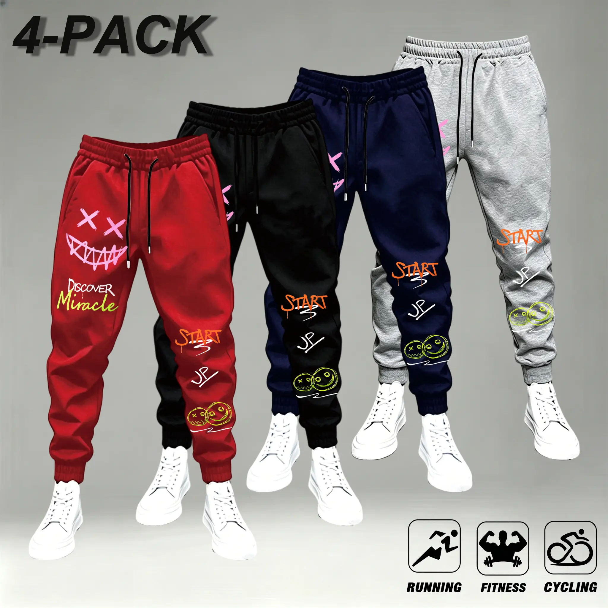 Men's 4-Pack Sporty Joggers with Adjustable Waist - "Start" & "Discover Miracle" Prints, Graffiti Evil Smile Hand Drawn Graphics, Tapered Cuffs, Elastic Drawstring for Fitness/Training, Running/Cycling Streetwear Subculture Sweatpants