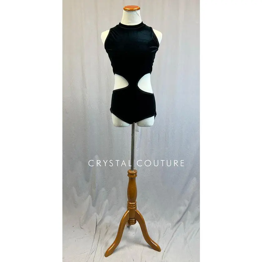 Custom Black Velvet Leotard with Side Cutouts and Mesh Zipper Back