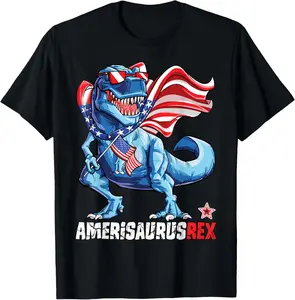 100% Cotton Dinosaur 4th of July Men Amerisaurus T Rex Funny T-Shirt