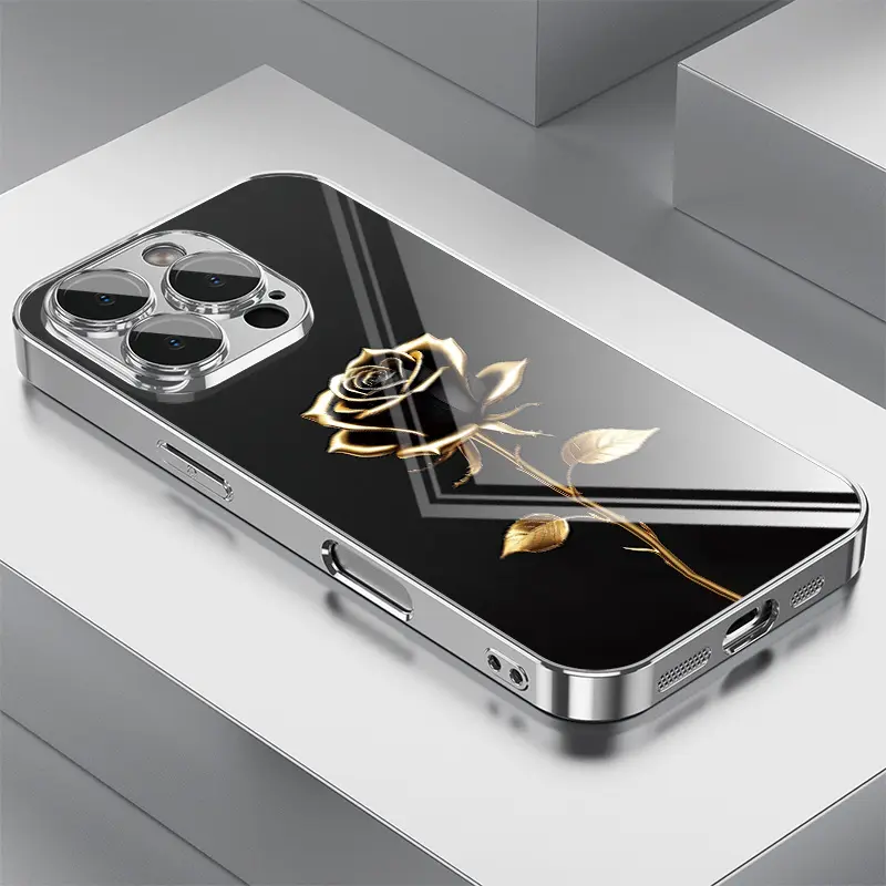 Simple yet elegant black and gold rose pattern, skin-friendly feel, glass-like texture, electroplated silver glass phone case, suitable for iPhone 17, 16, 15, 14, 13, 12, 11, Samsung and other series models. Can be given as a gift to friends or family.