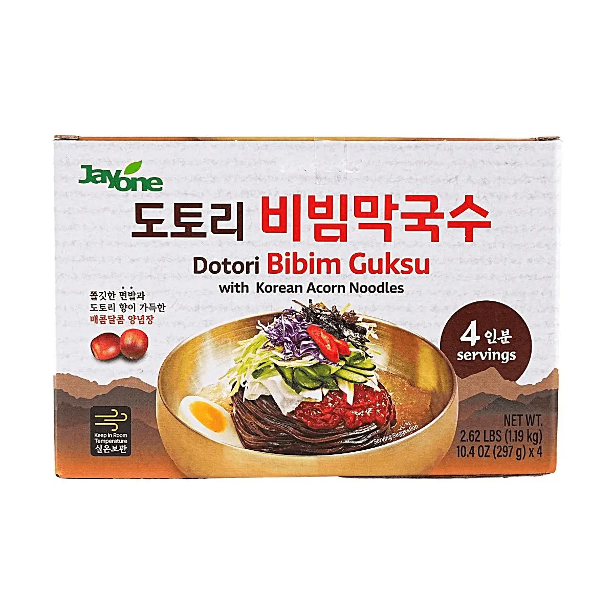 JAYONE Korean Acorn Noodle Salad - Sweet & Spicy Bibim Guksu, 4-Pack (297g x 4), 1.18kg - Chewy, Smooth, Low-Calorie Healthy Meal