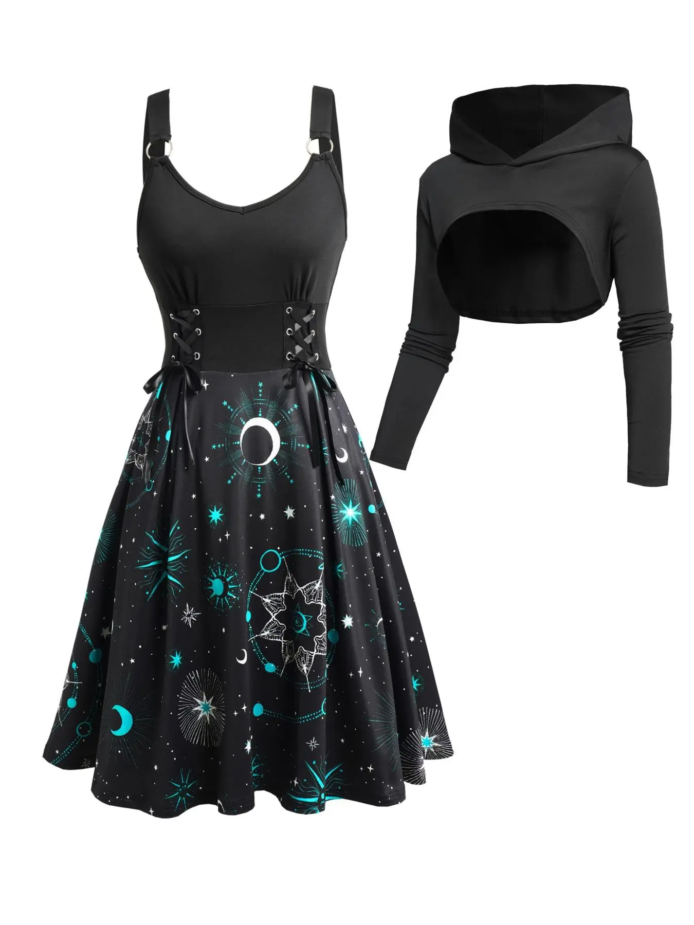 Women's Hooded Top & Dress Two-piece Set, Casual Fashion Long Sleeve Crop Top & Tank Dress for Daily Outdoor Wear, Ladies Clothes for Spring & Fall, Casual Chic Outfit