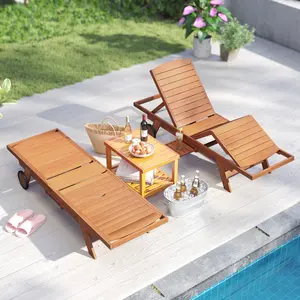 COSTWAY Lounge Chair Outdoor with Wheels, Patio Wood Chaise Lounge with 4-Position Adjustable Backrest & Leg Area, Extendable Side Table, Pool Sunbathing Reclining Lounger for Outside Backyard