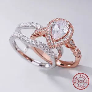 Yellow & Rose Gold  925 Sterling Silver Pear Shaped Engagement Ring Enhancer Wedding Band Simulated Diamond AAAAA CZ BR1331_RW/YW #Love Story