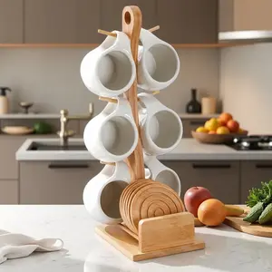 Ceramic Coffee Cup Set with Wooden Stand – 6 Cups & Saucers, Ideal Drinkware for Home, Office & Coffee Shop Kitchen Bamboo